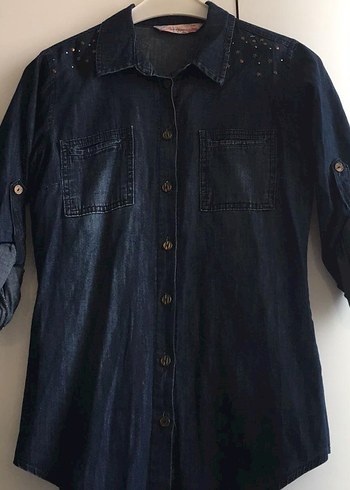 Düğmeli Lacivert Kadın Kot gömlek - Görsel 2