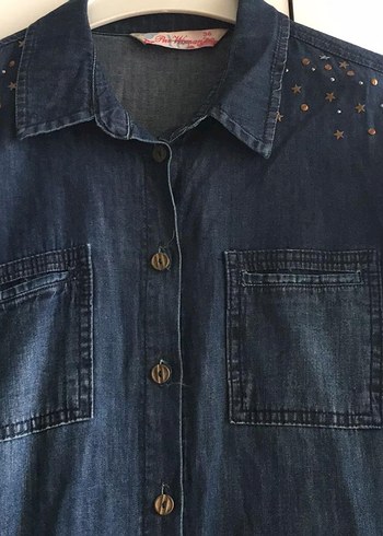 Düğmeli Lacivert Kadın Kot gömlek - Görsel 3