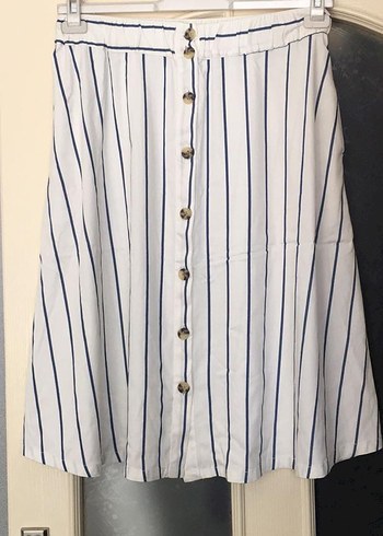 Düğmeli Çizgili Mavi Midi Etek - Görsel 2