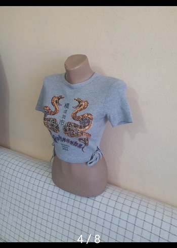 xs Beden gri Renk Kadın Gri Yılan Desenli Kısa Kollu Crop TopSUFFL MARKA XS GRI