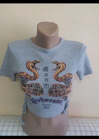Kadın Gri Yılan Desenli Kısa Kollu Crop TopSUFFL MARKA XS GRI