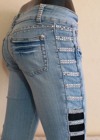 Zara Tokalı Rock Punk Kesim Mavi Kadın Kot BONCUK ISLI LIKRALI 38