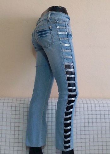 Tokalı Rock Punk Kesim Mavi Kadın Kot BONCUK ISLI LIKRALI 38