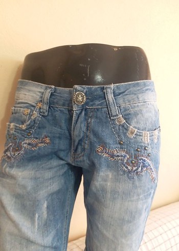 Mavi Mini Kot ŞortBAYAN 42 BONCUK ISLI DÜŞÜK BEL DAR PAÇ - Görsel 5