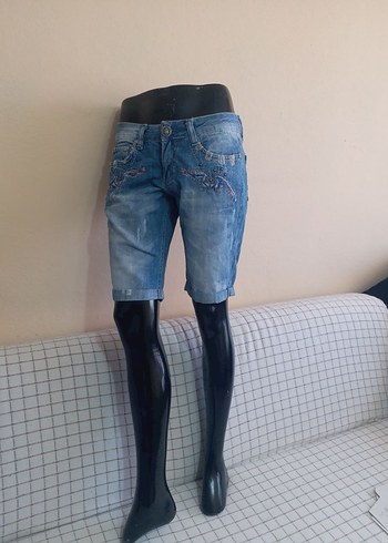 Mavi Mini Kot ŞortBAYAN 42 BONCUK ISLI DÜŞÜK BEL DAR PAÇ - Görsel 6