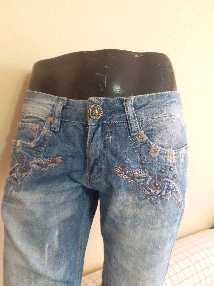 Mavi Mini Kot ŞortBAYAN 42 BONCUK ISLI DÜŞÜK BEL DAR PAÇ - Görsel 5