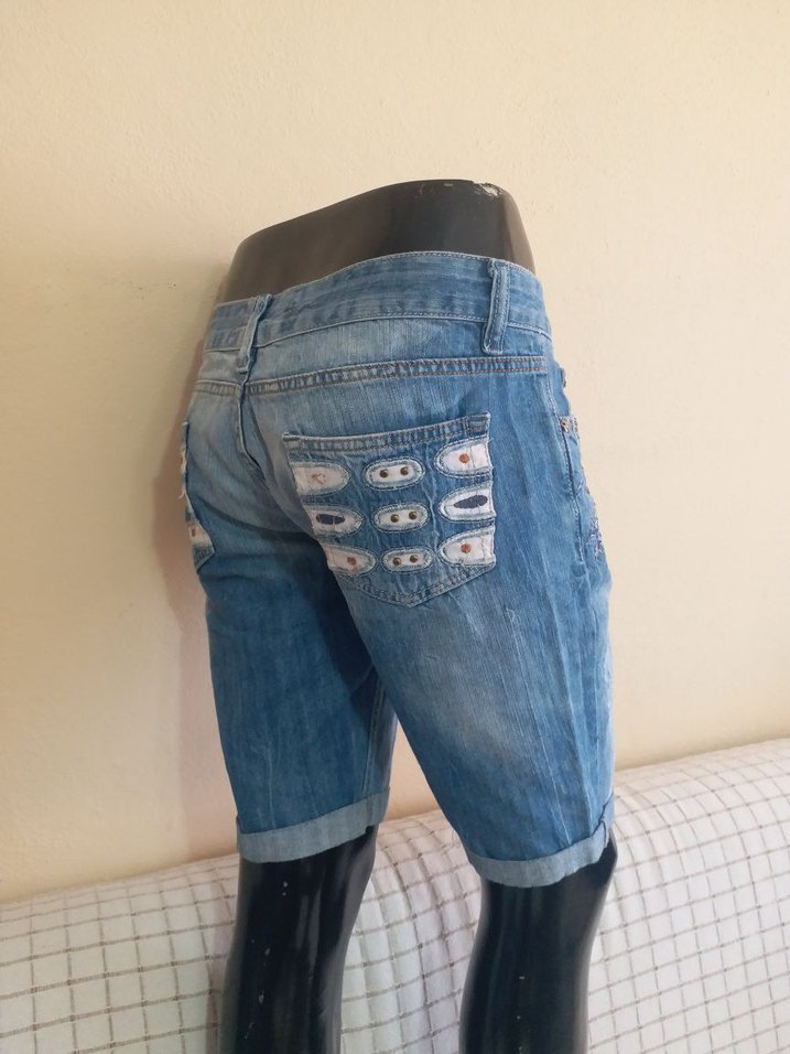 Mavi Mini Kot ŞortBAYAN 42 BONCUK ISLI DÜŞÜK BEL DAR PAÇ - Görsel 2