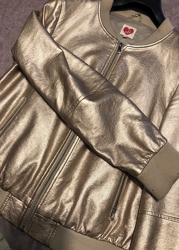 Altın Renk Deri Kadın Ceket - Görsel 3