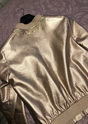 Altın Renk Deri Kadın Ceket - Görsel 5