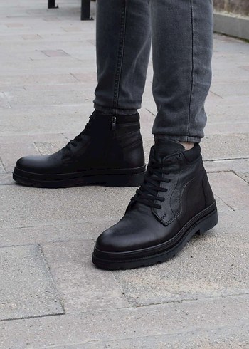 Siyah Deri Bağcıklı Erkek Bot - Görsel 8