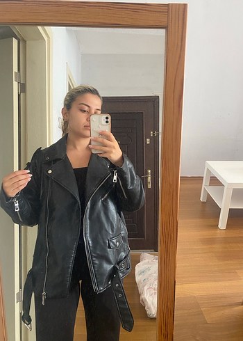 Kadın Siyah Deri Biker Ceket - Görsel 4