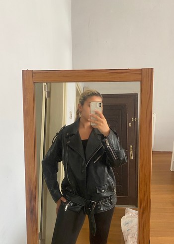 Kadın Siyah Deri Biker Ceket - Görsel 2