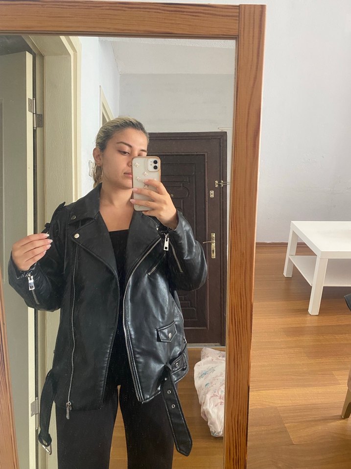 Kadın Siyah Deri Biker Ceket - Görsel 4