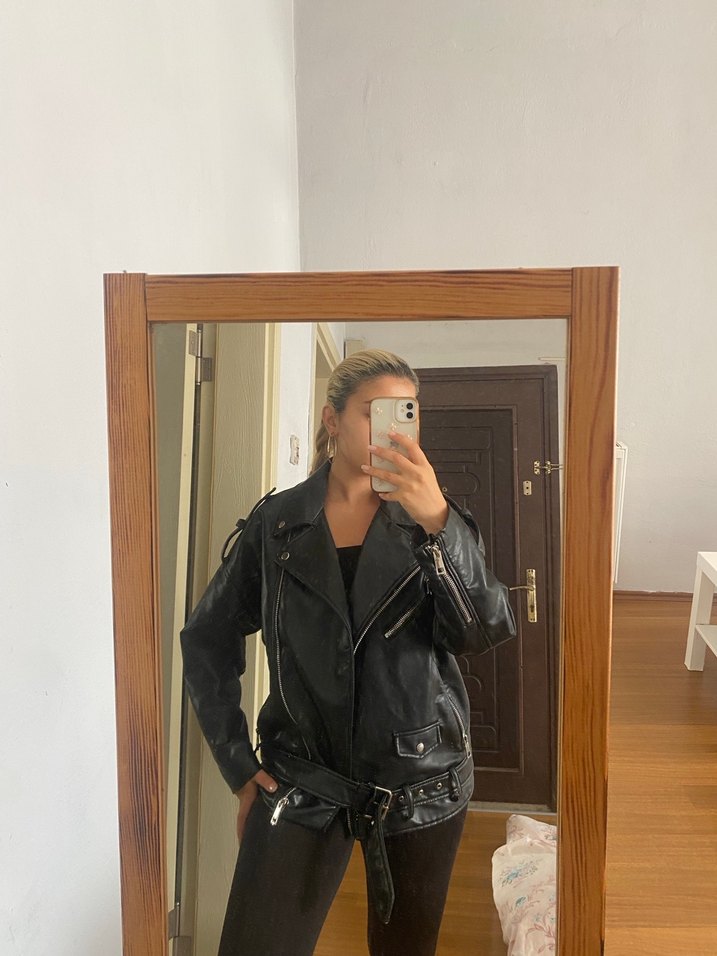 Kadın Siyah Deri Biker Ceket - Görsel 2