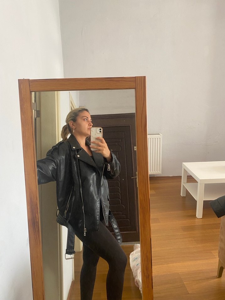 Kadın Siyah Deri Biker Ceket - Görsel 5