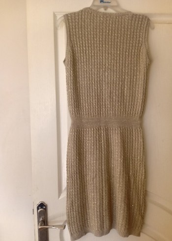 V Yaka Bej Örme Midi Elbise - Görsel 2