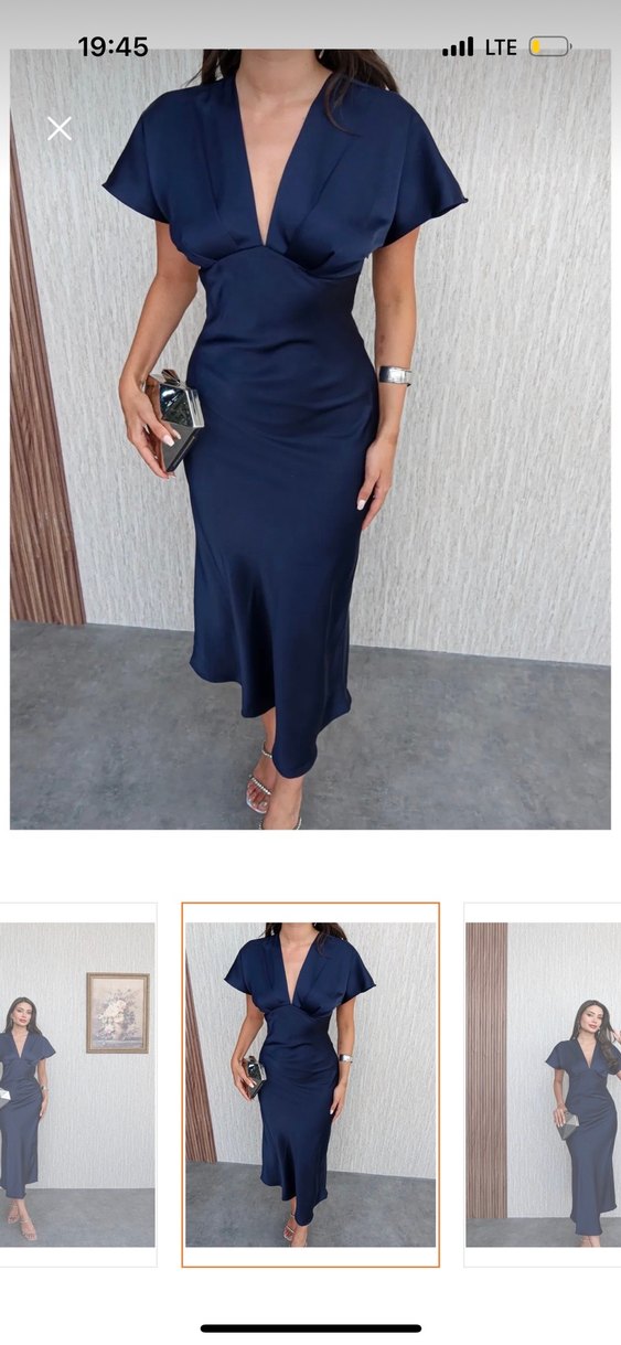 Parlak Lacivert V Yakalı Uzun Elbise - Görsel 3