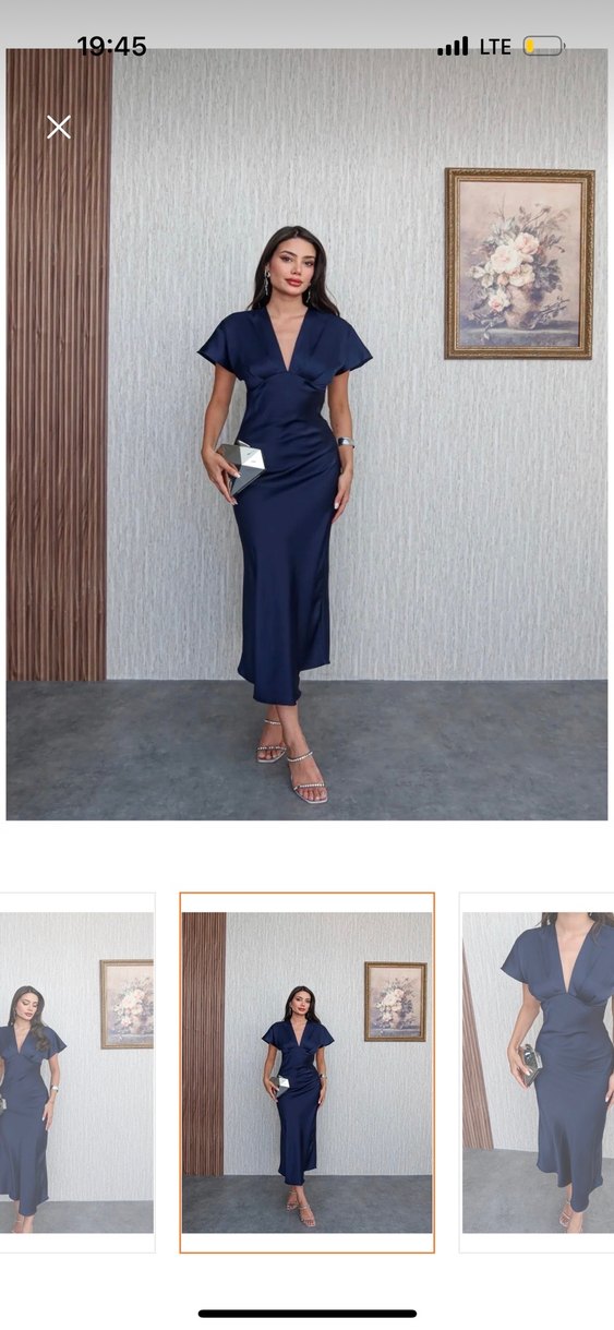 Drapeli V Yakalı Lacivert Uzun Elbise - Görsel 2