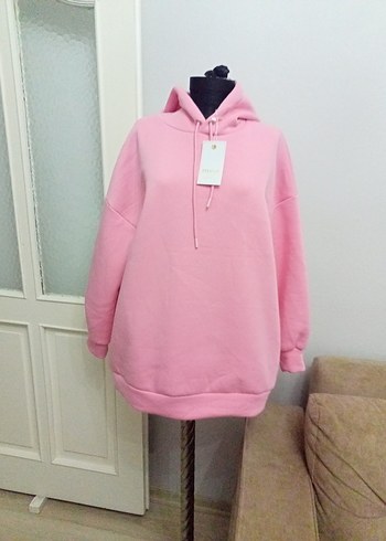universal Beden Pembe Kapüşonlu Salaş Sweatshirt