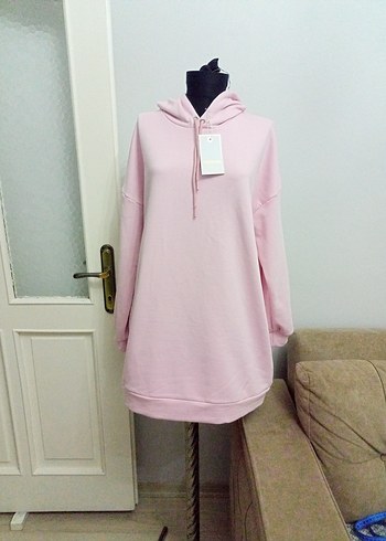 Pembe Kapüşonlu Midi Sweatshirt