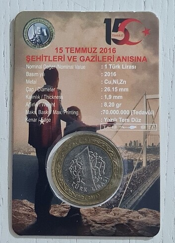 15 Temmuz Madeni 1 Lira Kutusunda Çil. Koleksiyonluk madeni 1 li