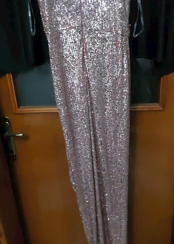 Bej Parlak Drapeli Uzun Abiye Elbise - Görsel 3