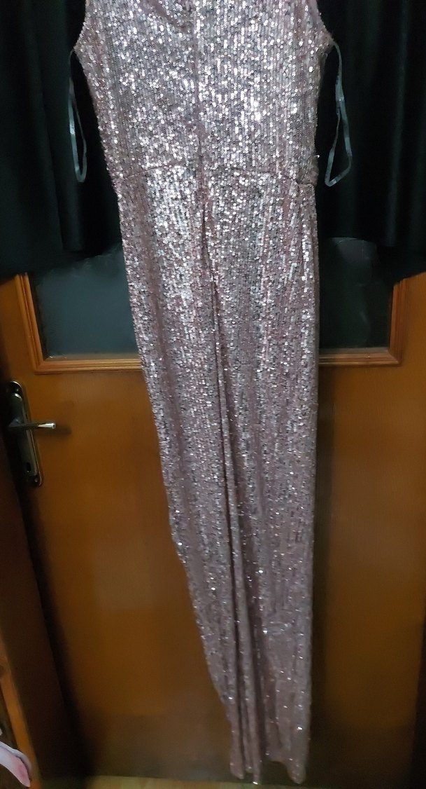 Bej Parlak Drapeli Uzun Abiye Elbise - Görsel 3