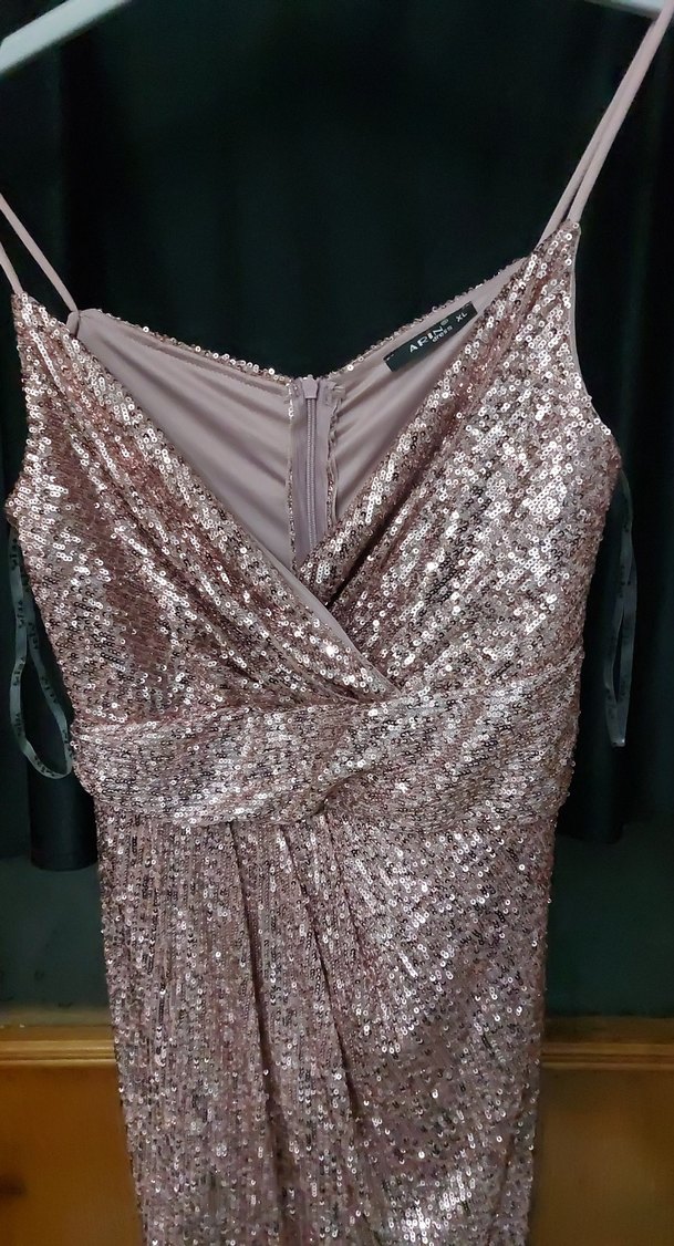 Bej Parlak Drapeli Uzun Abiye Elbise - Görsel 2