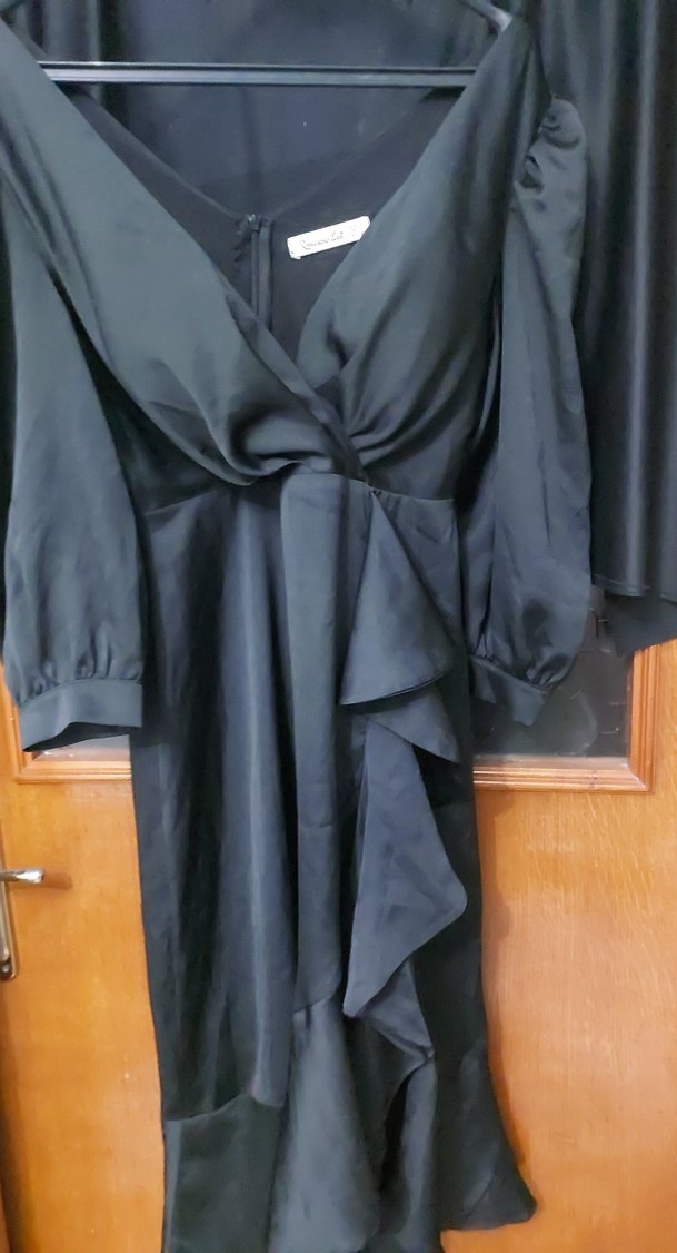 Uzun Siyah V Yakalı Drapeli Kadın Elbise - Görsel 2