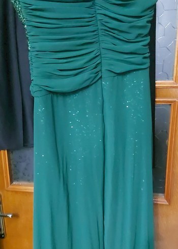 Uzun Drapeli Turkuaz Straplez Abiye Elbise - Görsel 3