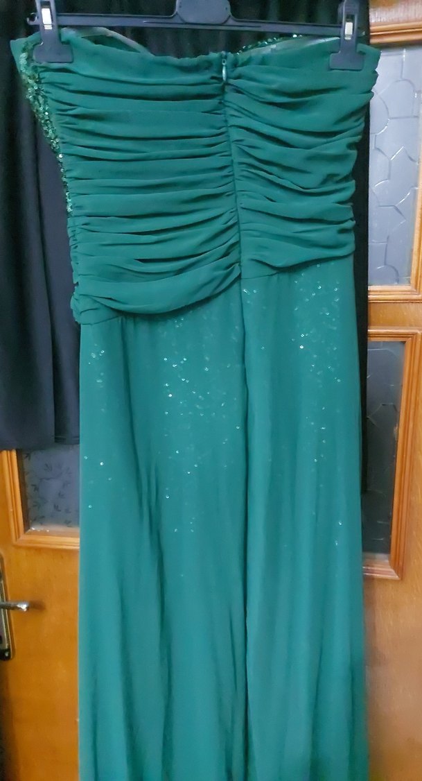 Uzun Drapeli Turkuaz Straplez Abiye Elbise - Görsel 3