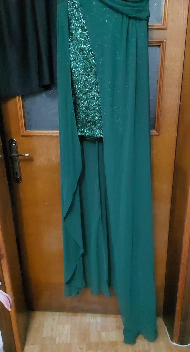 Uzun Drapeli Turkuaz Straplez Abiye Elbise - Görsel 2