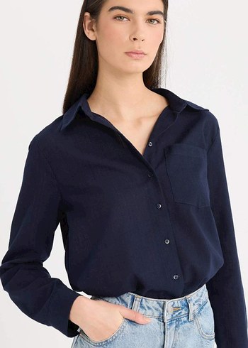 Düğmeli Lacivert Denim Kadın Gömlek - Görsel 4