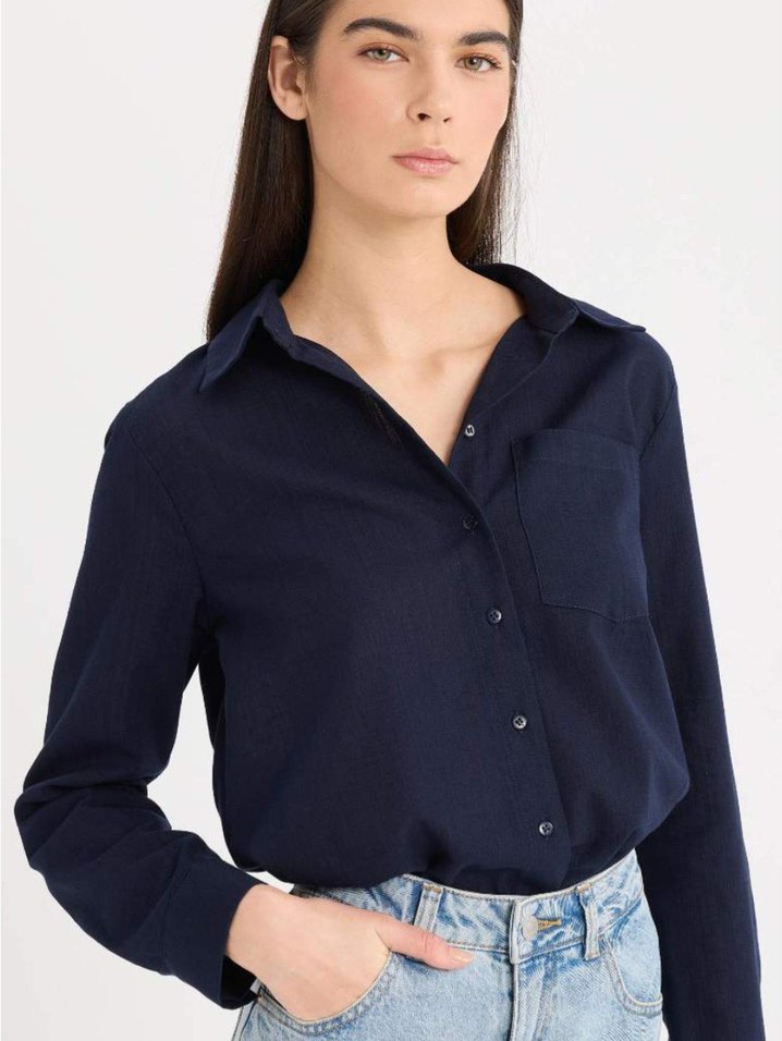 Düğmeli Lacivert Denim Kadın Gömlek - Görsel 4