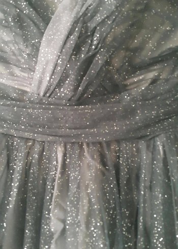 Straplez Siyah Gri Midi Bağlamalı Abiye Elbise - Görsel 3