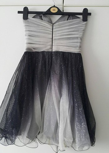 Straplez Siyah Gri Midi Bağlamalı Abiye Elbise - Görsel 2