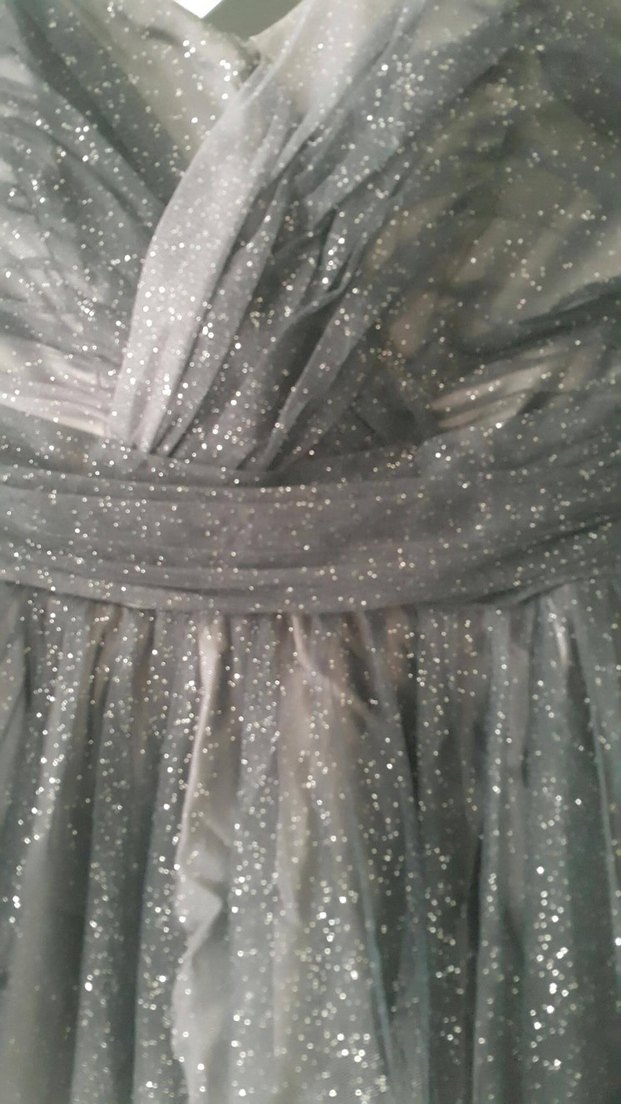 Straplez Siyah Gri Midi Bağlamalı Abiye Elbise - Görsel 3