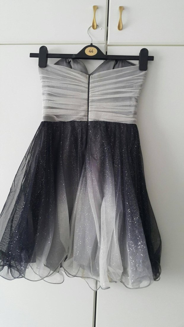 Straplez Siyah Gri Midi Bağlamalı Abiye Elbise - Görsel 2