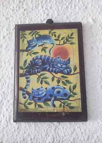 Mavi Kedi Temalı Ahşap Çerçeve 1980 lerden.