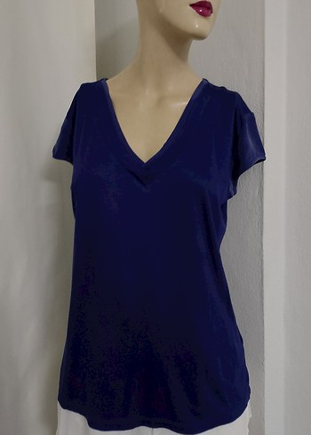 Lacivert V Yaka Kısa Kollu Kadın Bluz - Görsel 5