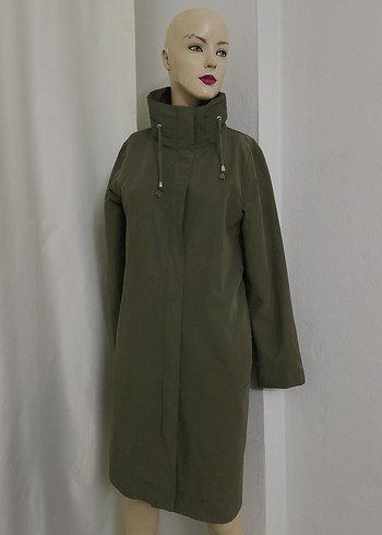 Kadın Haki Uzun Kesim Yüksek Yakalı Yağmurluk - Görsel 5