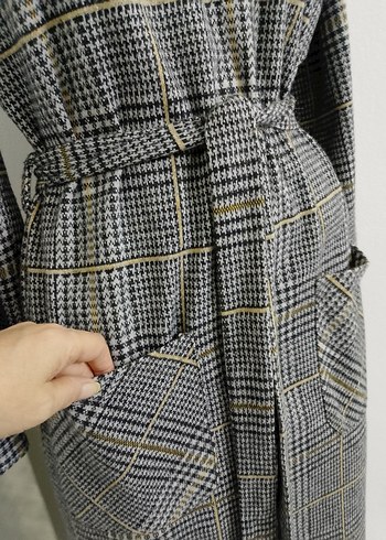 Gri Ekose Desenli Boğazlı Uzun Elbise - Görsel 7