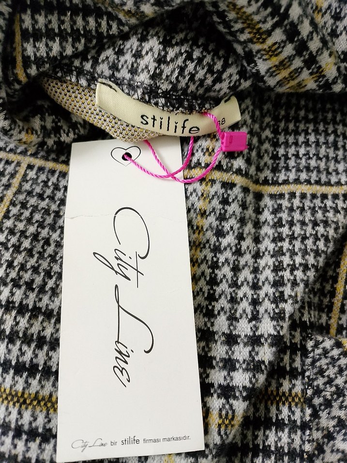 Gri Ekose Desenli Boğazlı Uzun Elbise - Görsel 4