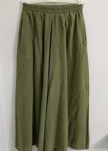 Kadın Haki Renk Piliseli Keten Pantolon - Görsel 2