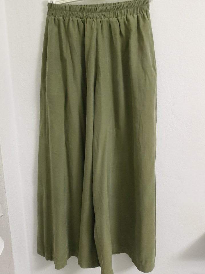 Kadın Haki Renk Piliseli Keten Pantolon - Görsel 3