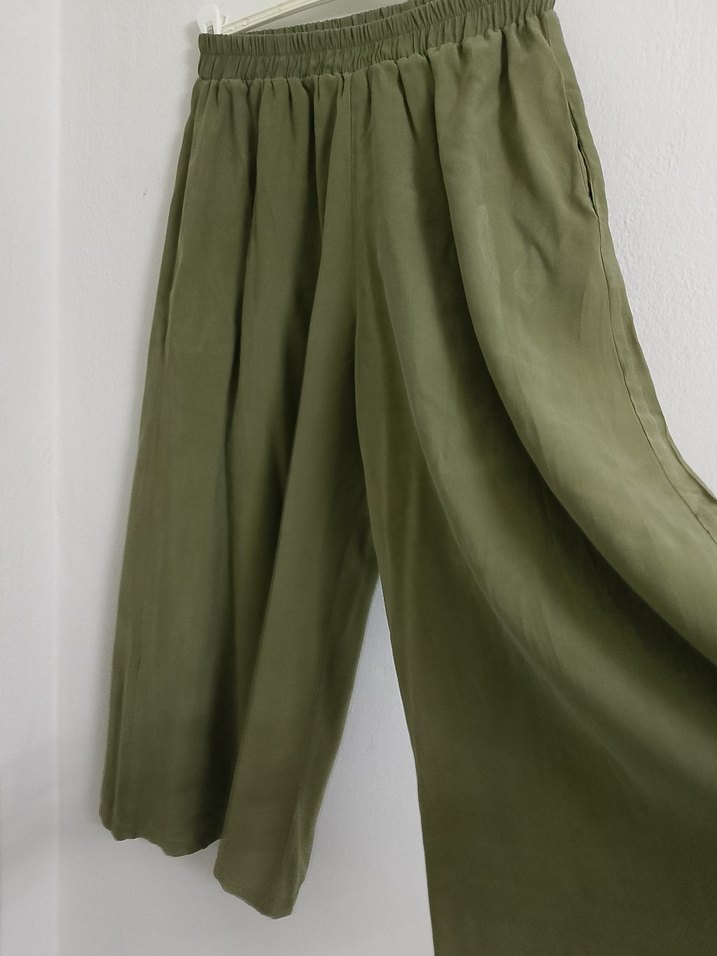 Kadın Haki Renk Piliseli Keten Pantolon - Görsel 4