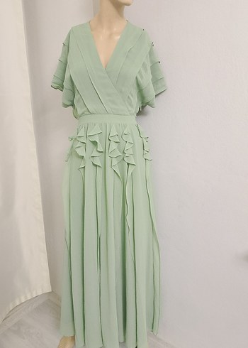 Yeşil Uzun Fırfırlı V Yaka Elbise - Görsel 3