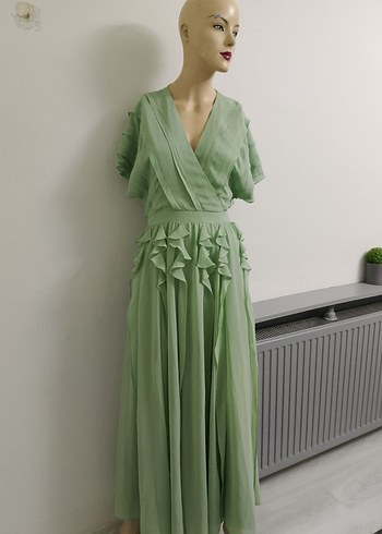 Yeşil Uzun Fırfırlı V Yaka Elbise - Görsel 10