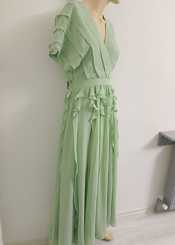 Yeşil Uzun Fırfırlı V Yaka Elbise - Görsel 7