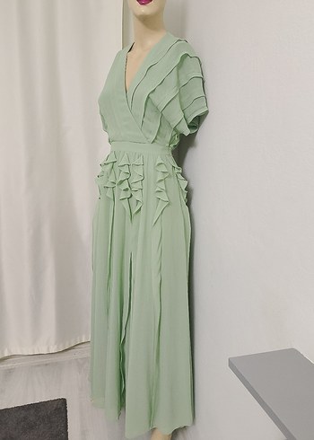 Yeşil Uzun Fırfırlı V Yaka Elbise - Görsel 2